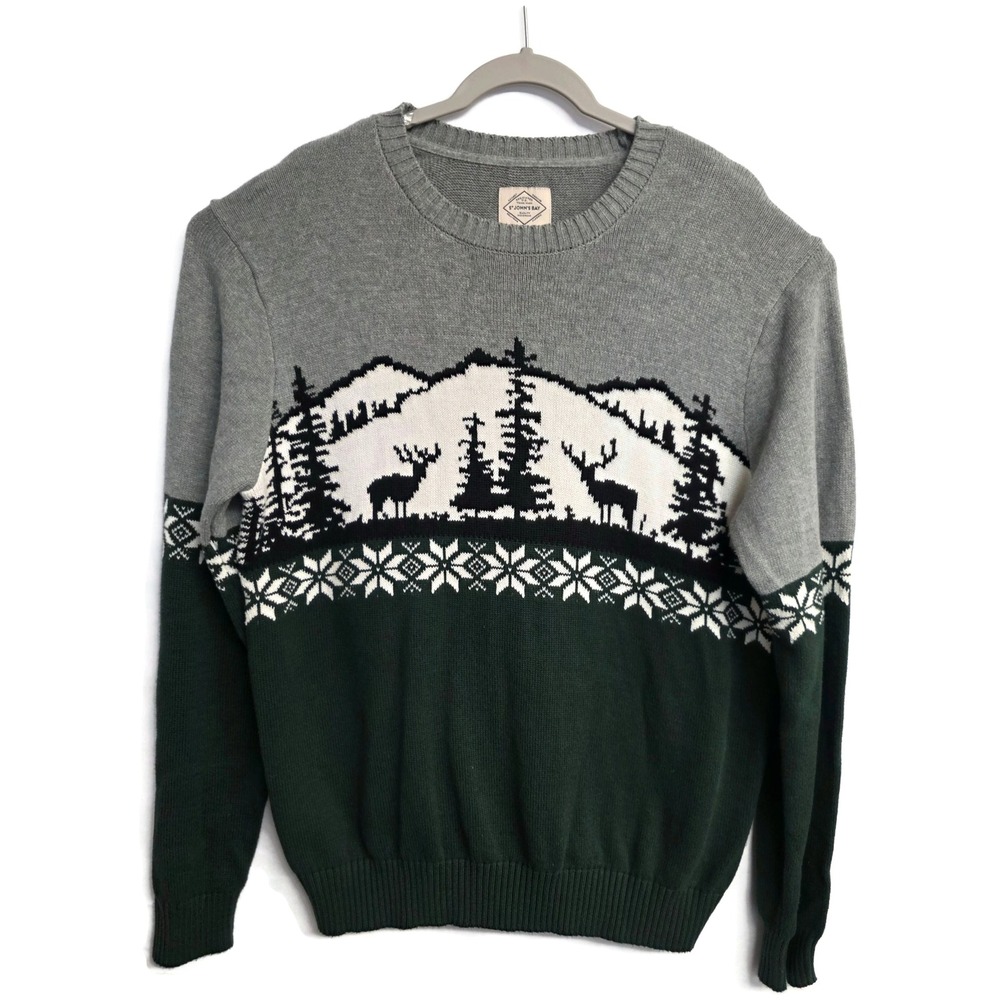 St John's Bay Mens Large Wrap Around Buck Deer Hunting Winter Scene Sweate